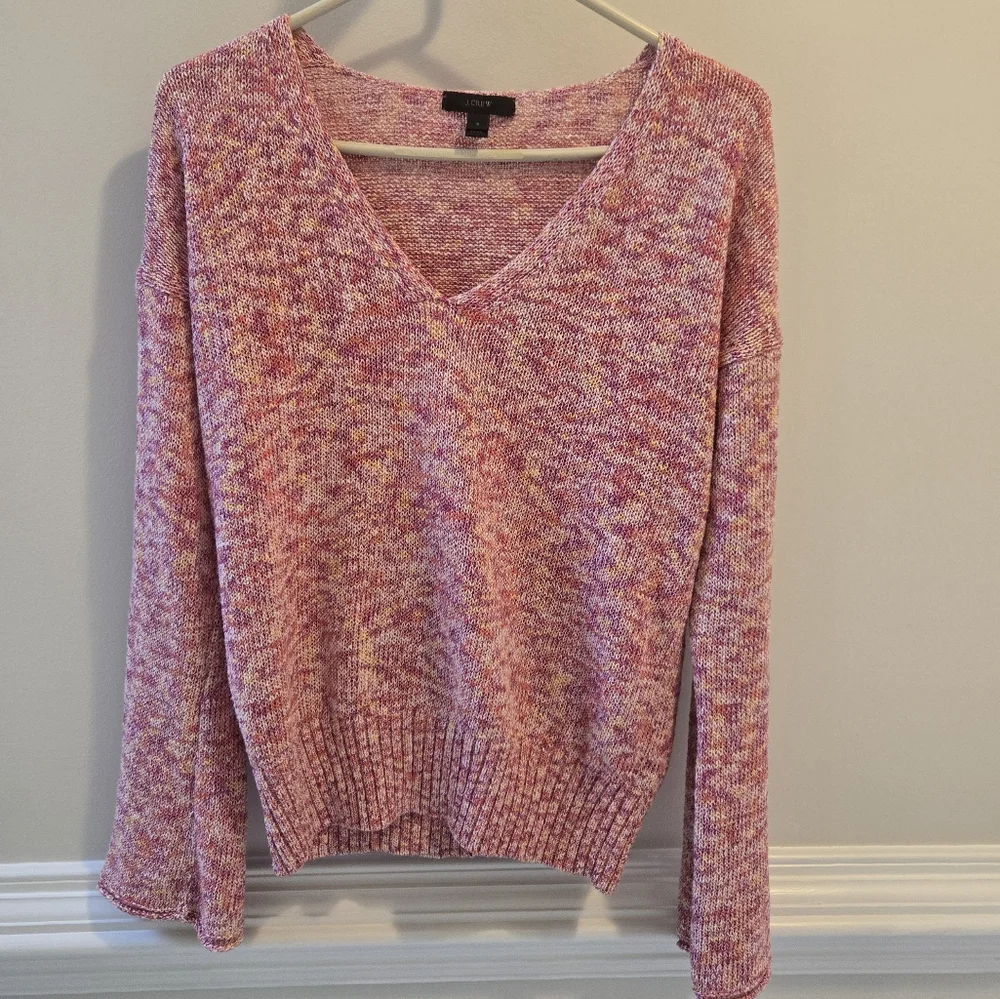 J. Crew Flared Sleeve Marled Knit Swing Sweater Primrose Pink Vneck Size Small